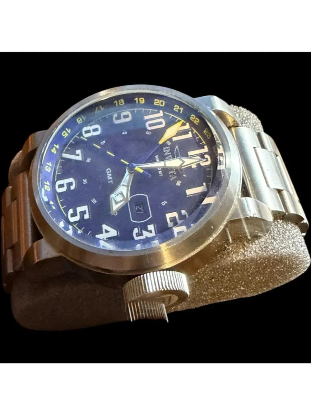 Invicta Mens Model 18887 Blue Dial Stainless Steel GMT Watch 100M Water Resistan